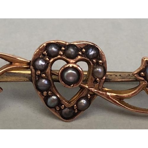 82 - 9ct Gold Sweetheart Brooch set with seed pearls (2.4g) and two other brooches both A/F