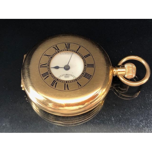 83 - 9CT GOLD J W BENSON of London HALF HUNTER POCKET WATCH, Roman Numerals, Subsidiary dial at 6 o'clock... 