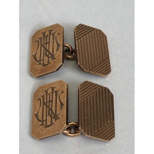 87 - Pair of classic 9ct gold vintage cufflinks engraved with initials and engine turned decoration appro... 