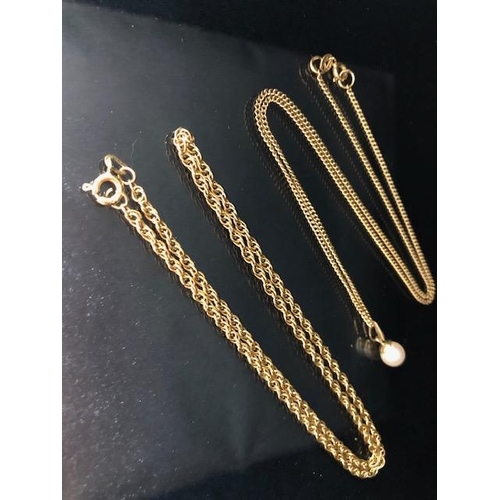 88 - Two 9ct Gold necklaces one with a pearl drop pendant each approx 55cm long and total weight approx 1... 