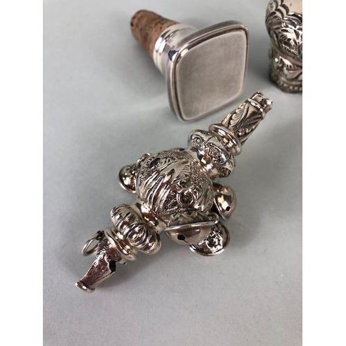 8A - Collection of Silver items to include babies Rattle, bottle stopper, Sugar nips, Sugar sifter, cane ... 