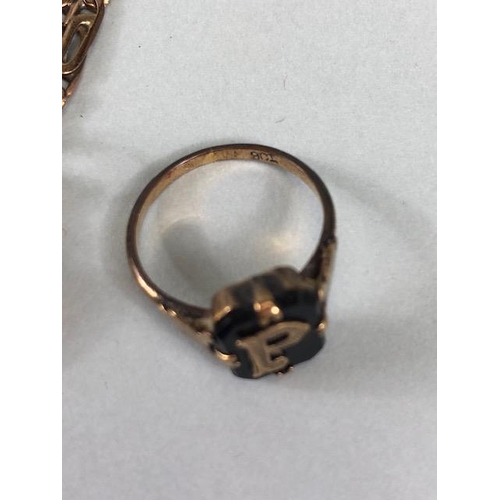 98 - Gold Jewellery, 9ct stamped morning ring with the initial P, size J1/2, unmarked yellow metal cross ... 