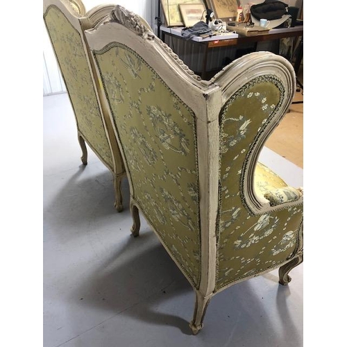 347 - Antique furniture, pair of reproduction French Rococo style wing back arm chairs upholstered in pale... 