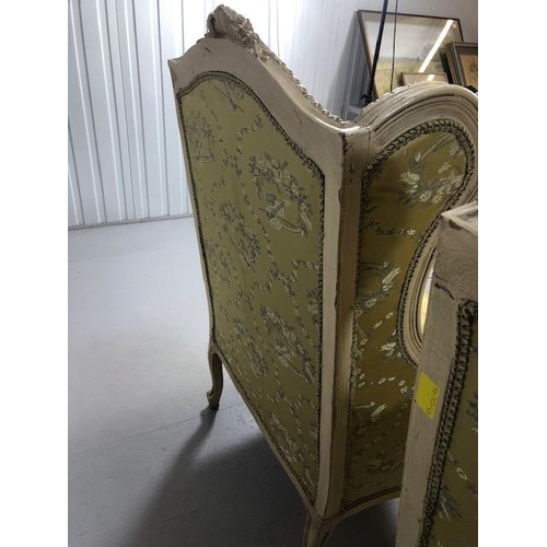 347 - Antique furniture, pair of reproduction French Rococo style wing back arm chairs upholstered in pale... 