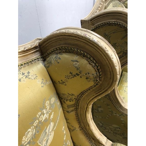 347 - Antique furniture, pair of reproduction French Rococo style wing back arm chairs upholstered in pale... 