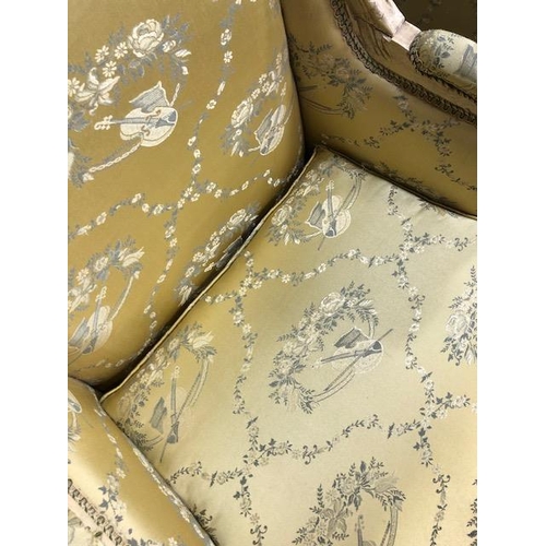 347 - Antique furniture, pair of reproduction French Rococo style wing back arm chairs upholstered in pale... 