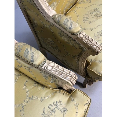 347 - Antique furniture, pair of reproduction French Rococo style wing back arm chairs upholstered in pale... 