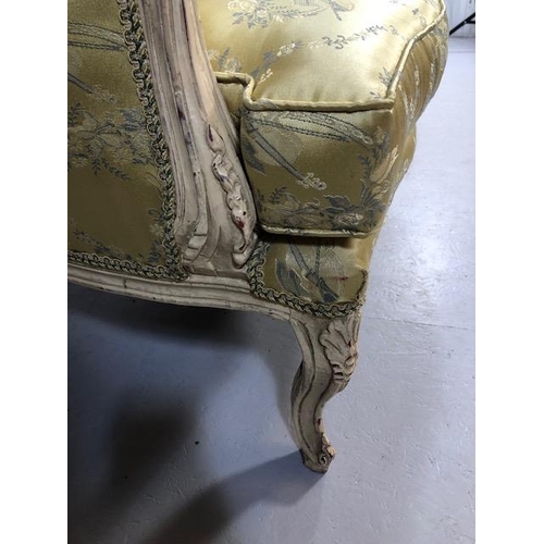 347 - Antique furniture, pair of reproduction French Rococo style wing back arm chairs upholstered in pale... 