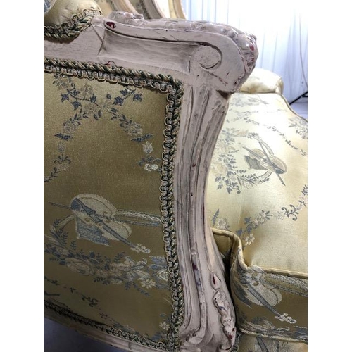 347 - Antique furniture, pair of reproduction French Rococo style wing back arm chairs upholstered in pale... 
