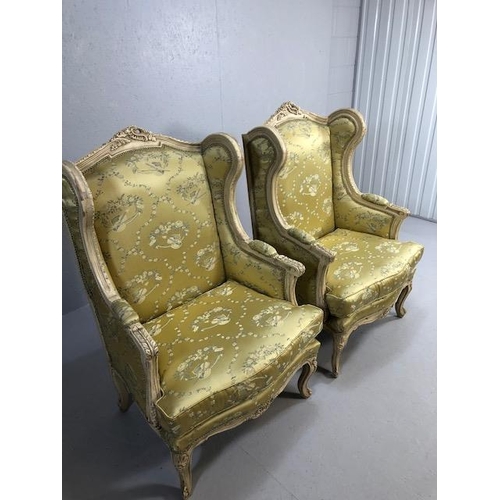 347 - Antique furniture, pair of reproduction French Rococo style wing back arm chairs upholstered in pale... 