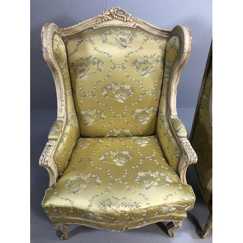 347 - Antique furniture, pair of reproduction French Rococo style wing back arm chairs upholstered in pale... 