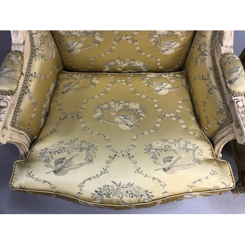 347 - Antique furniture, pair of reproduction French Rococo style wing back arm chairs upholstered in pale... 
