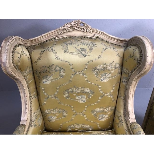 347 - Antique furniture, pair of reproduction French Rococo style wing back arm chairs upholstered in pale... 