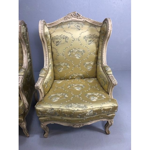 347 - Antique furniture, pair of reproduction French Rococo style wing back arm chairs upholstered in pale... 