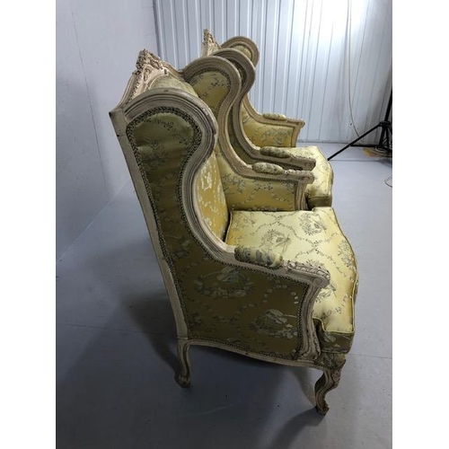 347 - Antique furniture, pair of reproduction French Rococo style wing back arm chairs upholstered in pale... 