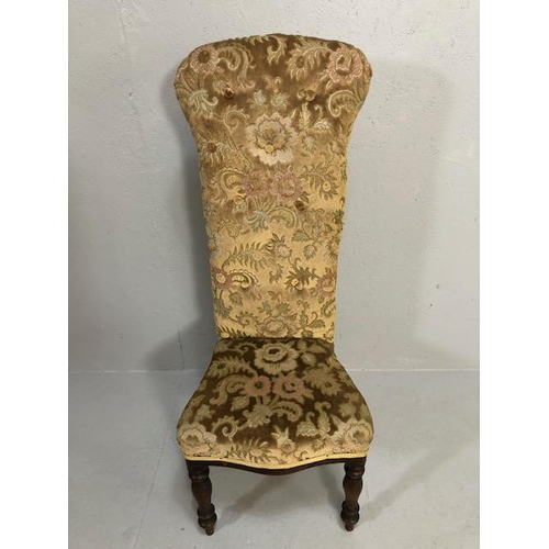 348 - Antique Furniture, Victorian high back prayer chair upholstered in floral brocade, on turned legs