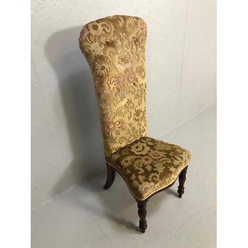 348 - Antique Furniture, Victorian high back prayer chair upholstered in floral brocade, on turned legs