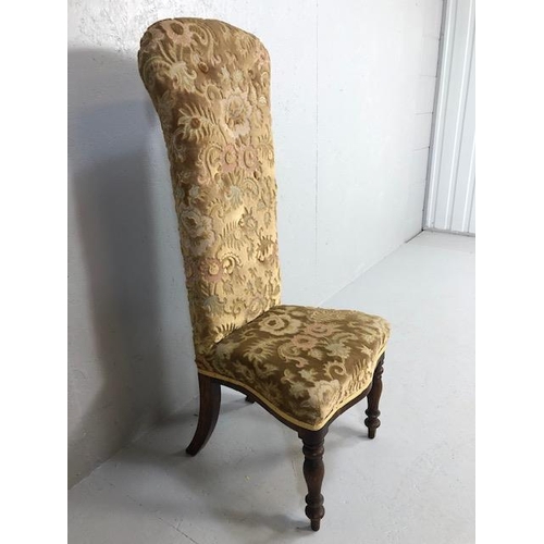 348 - Antique Furniture, Victorian high back prayer chair upholstered in floral brocade, on turned legs