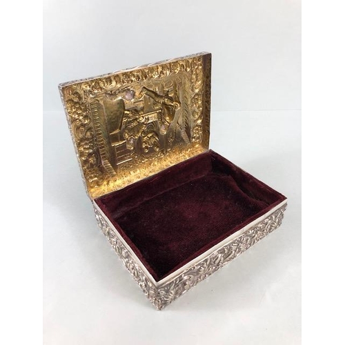 1 - Edwardian 1904 Silver hallmarked velvet lined box, with hinged lid and repousse design, depicting pa... 