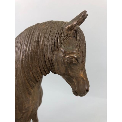 105 - Vintage Bronze finish cold cast metal statue of a horse on a wooden plinth, approximately 26 cm high