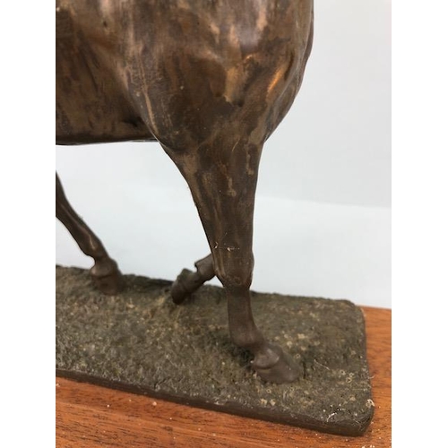 105 - Vintage Bronze finish cold cast metal statue of a horse on a wooden plinth, approximately 26 cm high