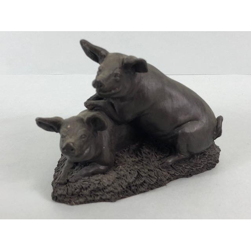 107 - Vintage whimsical figure of a pig in brass approximately 36 x 14cm along with a cold cast bronze of ... 