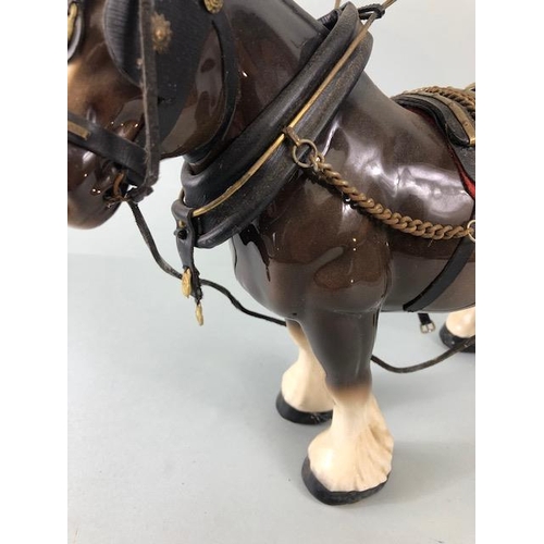 109 - Vintage China Shire horse in harness (damage to harness) makers mark to underside Lellfa ware Englan... 