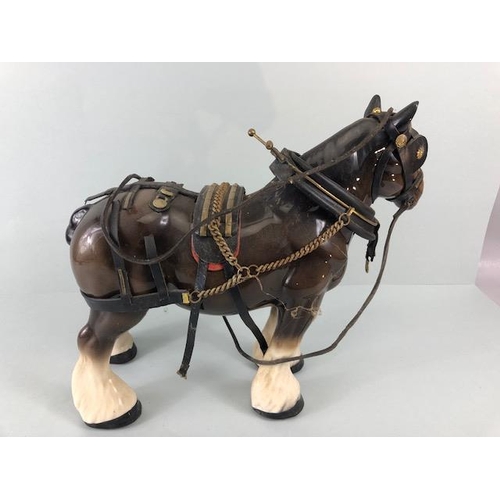 109 - Vintage China Shire horse in harness (damage to harness) makers mark to underside Lellfa ware Englan... 