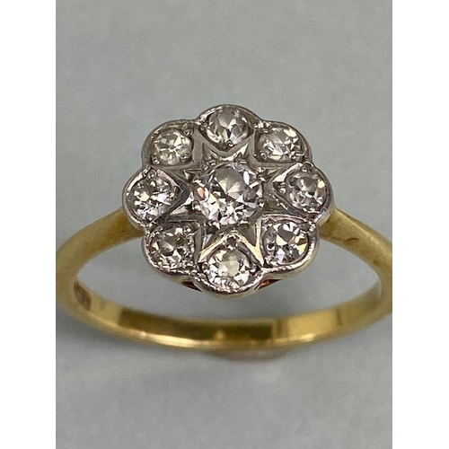 11 - 18ct yellow gold daisy cluster ring set with 9 diamonds in white gold approximately 2.4 g size K