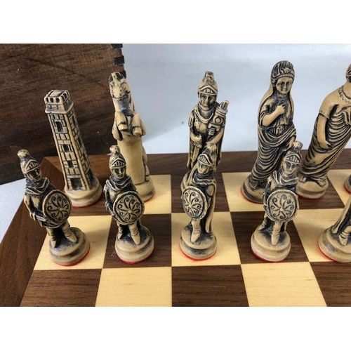 117 - Vintage Chess sets, two composite material Imperial roman chess sets in a wooden cases and Two chess... 