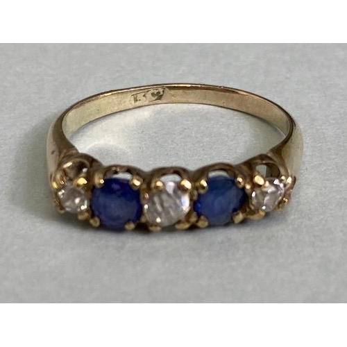 12 - 9ct yellow gold five stone ring set with two Sapphires and three diamonds in a liner setting approxi... 