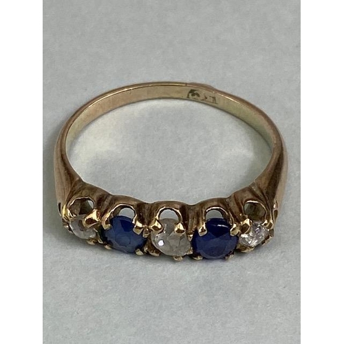 12 - 9ct yellow gold five stone ring set with two Sapphires and three diamonds in a liner setting approxi... 