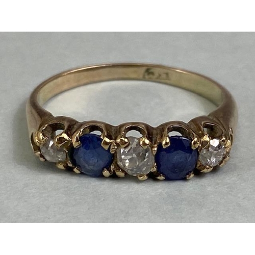 12 - 9ct yellow gold five stone ring set with two Sapphires and three diamonds in a liner setting approxi... 