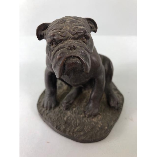 123 - Cold cast bronze study of a bull dog plinth with signature (illegible) approximately 14cm high along... 