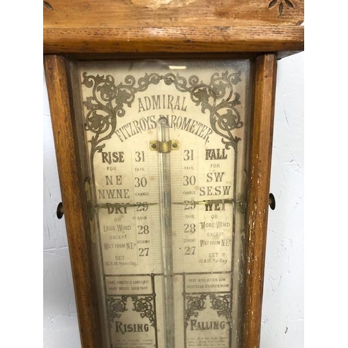 124 - Antique Admiral FitzRoy Barometer in blonde oak gothic style case, A F approximately 120cm in length