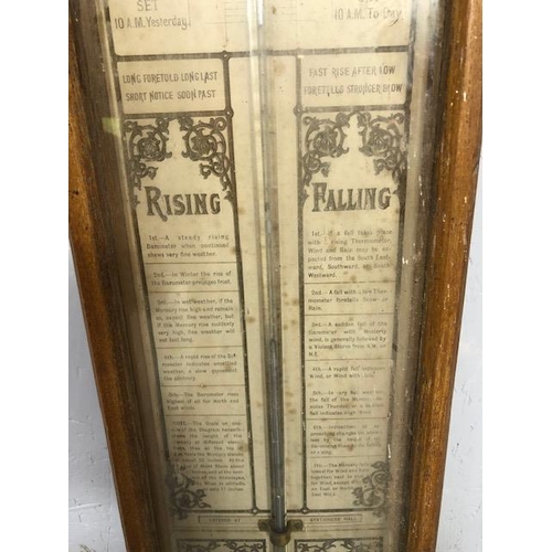 124 - Antique Admiral FitzRoy Barometer in blonde oak gothic style case, A F approximately 120cm in length