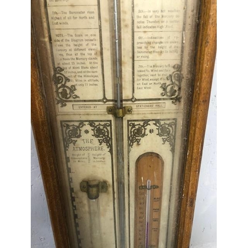 124 - Antique Admiral FitzRoy Barometer in blonde oak gothic style case, A F approximately 120cm in length