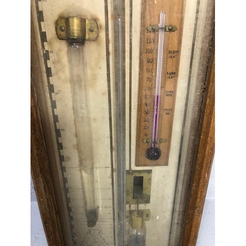 124 - Antique Admiral FitzRoy Barometer in blonde oak gothic style case, A F approximately 120cm in length