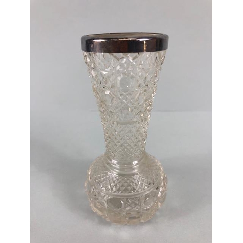 136 - Antique silver, hall marked silver mounted cut lass bud vase, silver mounted glass salt, silver moun... 