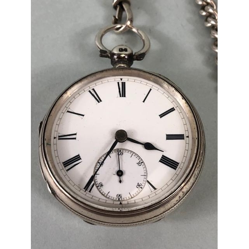 14 - Silver, English Silver Hallmarked pocket watch with silver chain and pencil fob approximately 148.6g... 