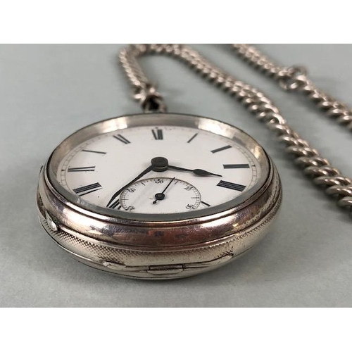 14 - Silver, English Silver Hallmarked pocket watch with silver chain and pencil fob approximately 148.6g... 