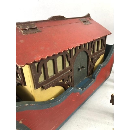 145 - Noah's Ark, early 20th century German flat bottom wooden ark on wheels with a collection of 31 cut o... 