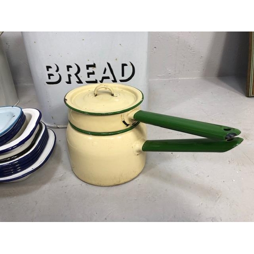 148 - Kitchenalia, quantity of vintage white enamel kitchen items to include  2 bread pins qty of  dishes ... 