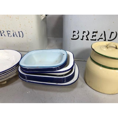 148 - Kitchenalia, quantity of vintage white enamel kitchen items to include  2 bread pins qty of  dishes ... 