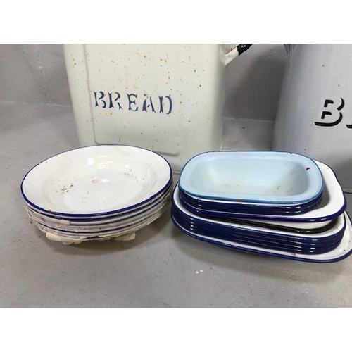 148 - Kitchenalia, quantity of vintage white enamel kitchen items to include  2 bread pins qty of  dishes ... 