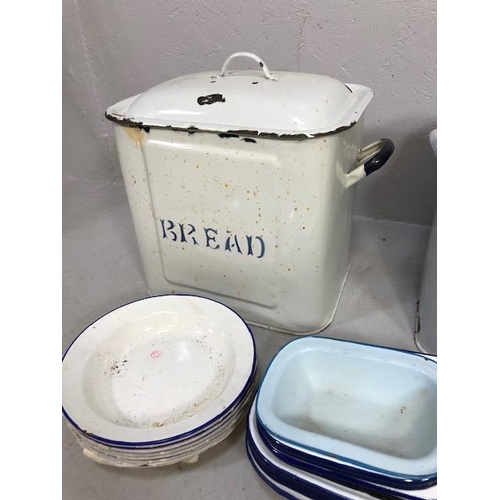 148 - Kitchenalia, quantity of vintage white enamel kitchen items to include  2 bread pins qty of  dishes ... 