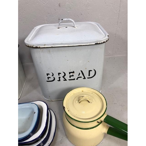 148 - Kitchenalia, quantity of vintage white enamel kitchen items to include  2 bread pins qty of  dishes ... 