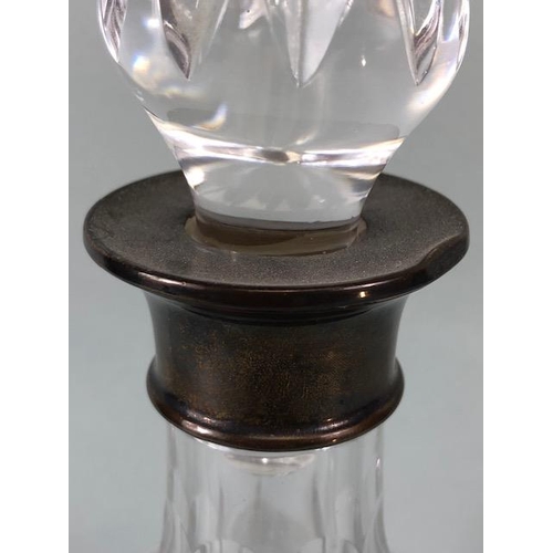 151 - Cut glass decanter with English hallmarked Silver collar approximately 30cm high