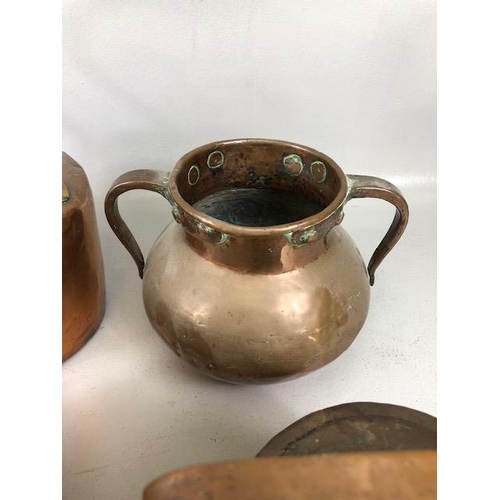 156 - Antique copper ware, Kettles, pots and a brass shop bell