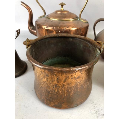 156 - Antique copper ware, Kettles, pots and a brass shop bell